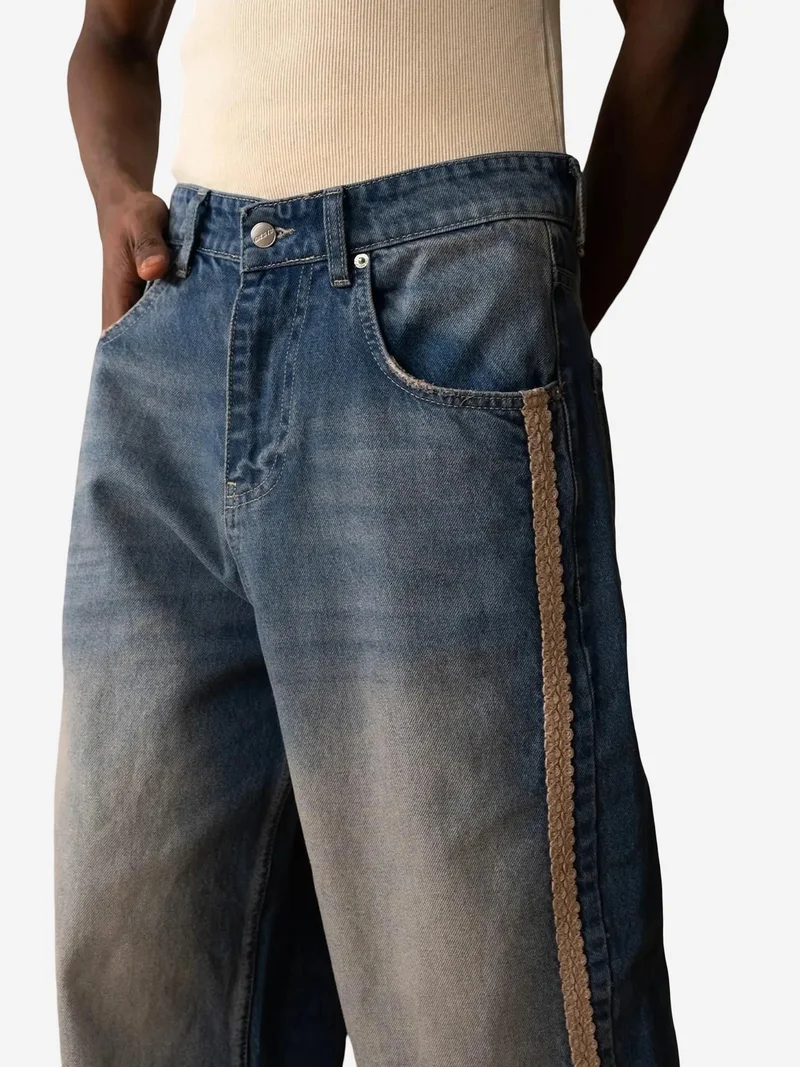 جيستو بنطلون جينز واسع بقصة فضفاضة مع تطريز